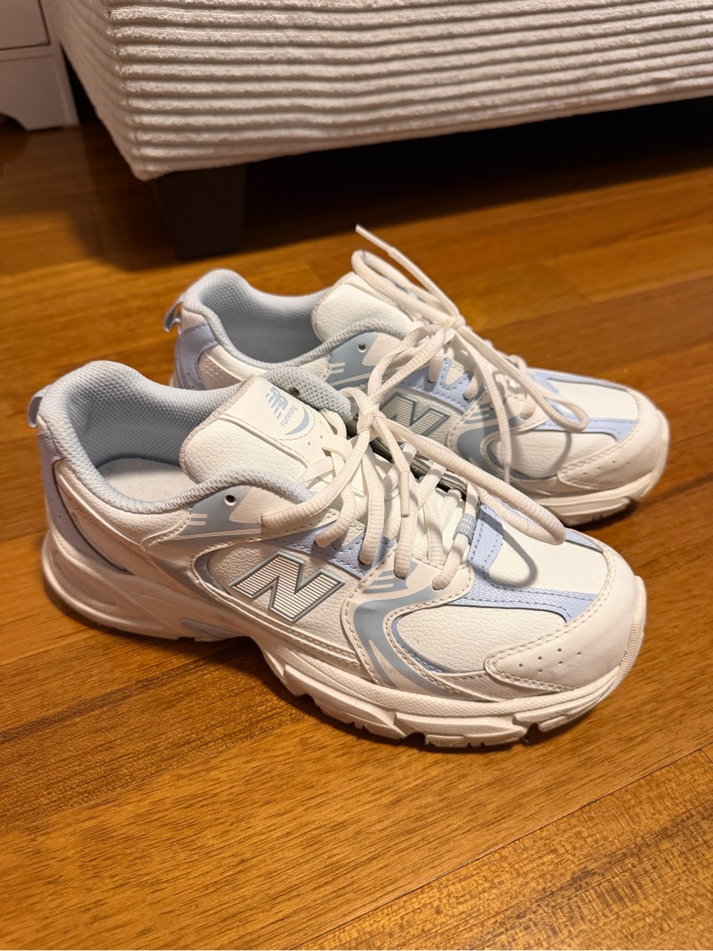 New Balance White and Light Blue Walking Sneakers